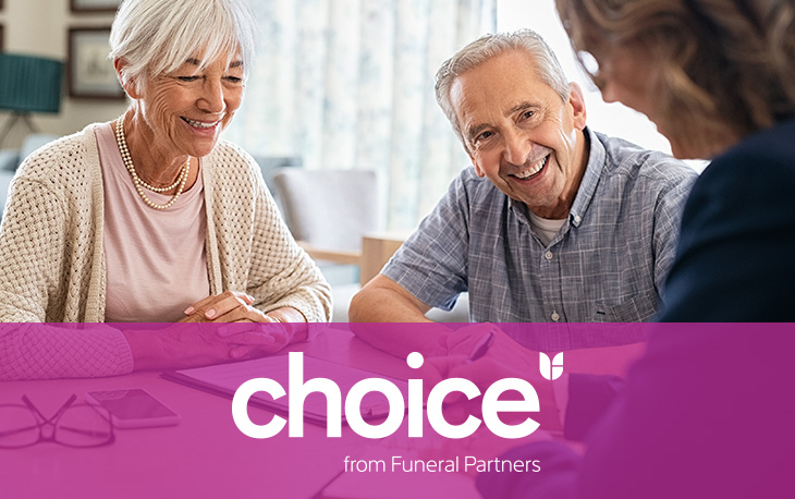 A man and a woman smiling. Text: Choice from Funeral Partners
